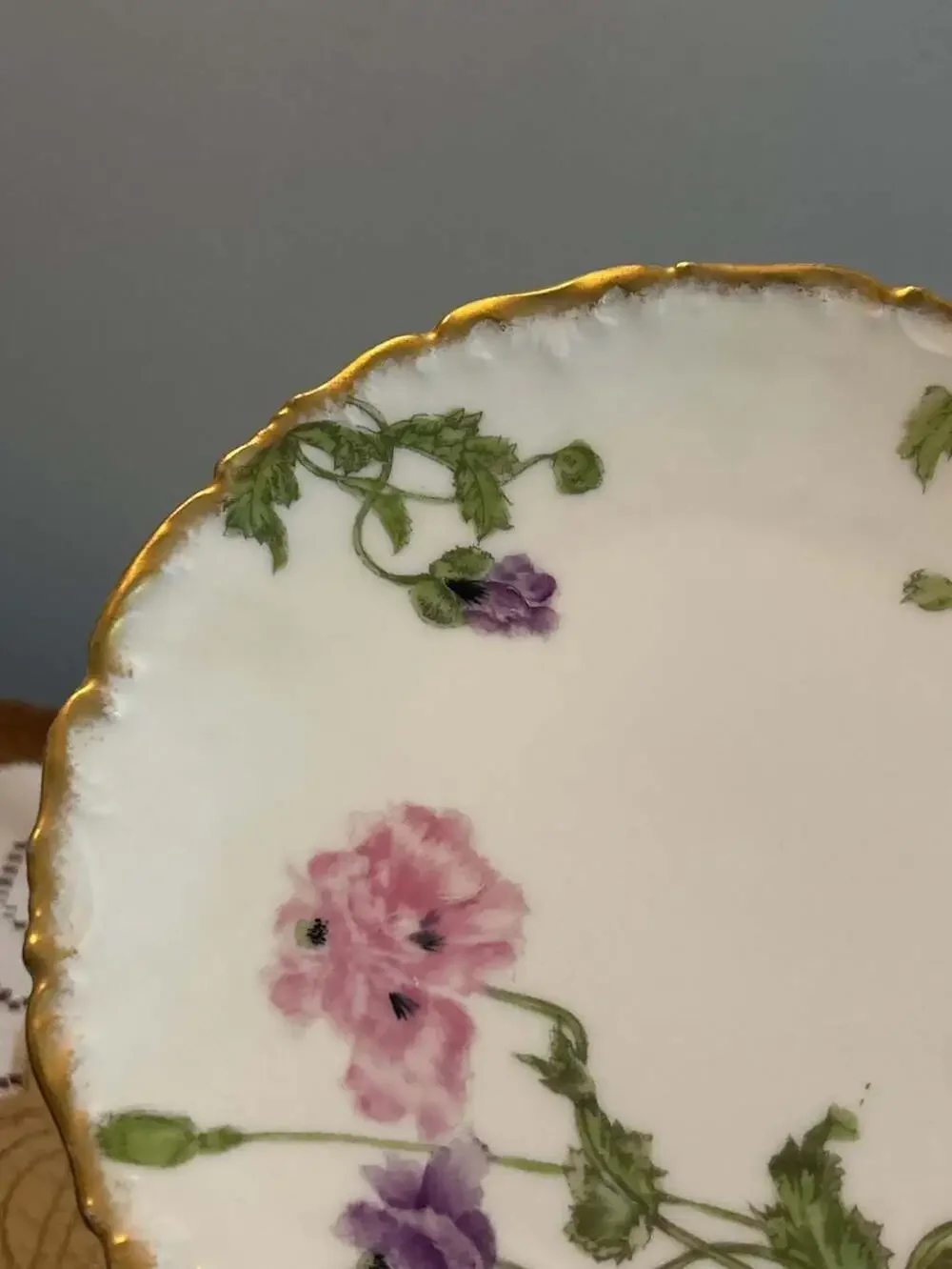 Antique Tressemann & Vogt Limoges Porcelain Plate Pink Purple Poppies Gold Trim